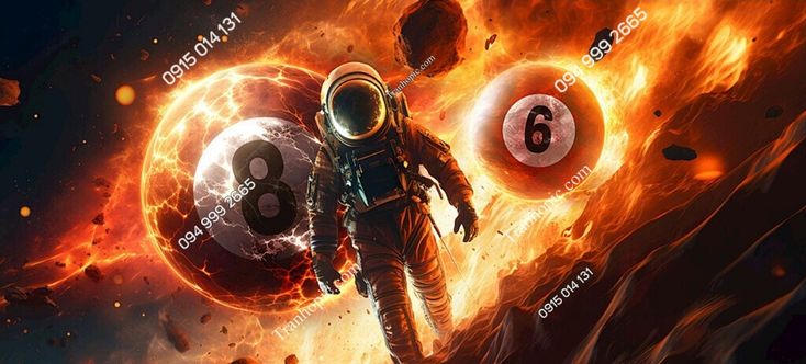 an astronaut in space with a pool ball in the background